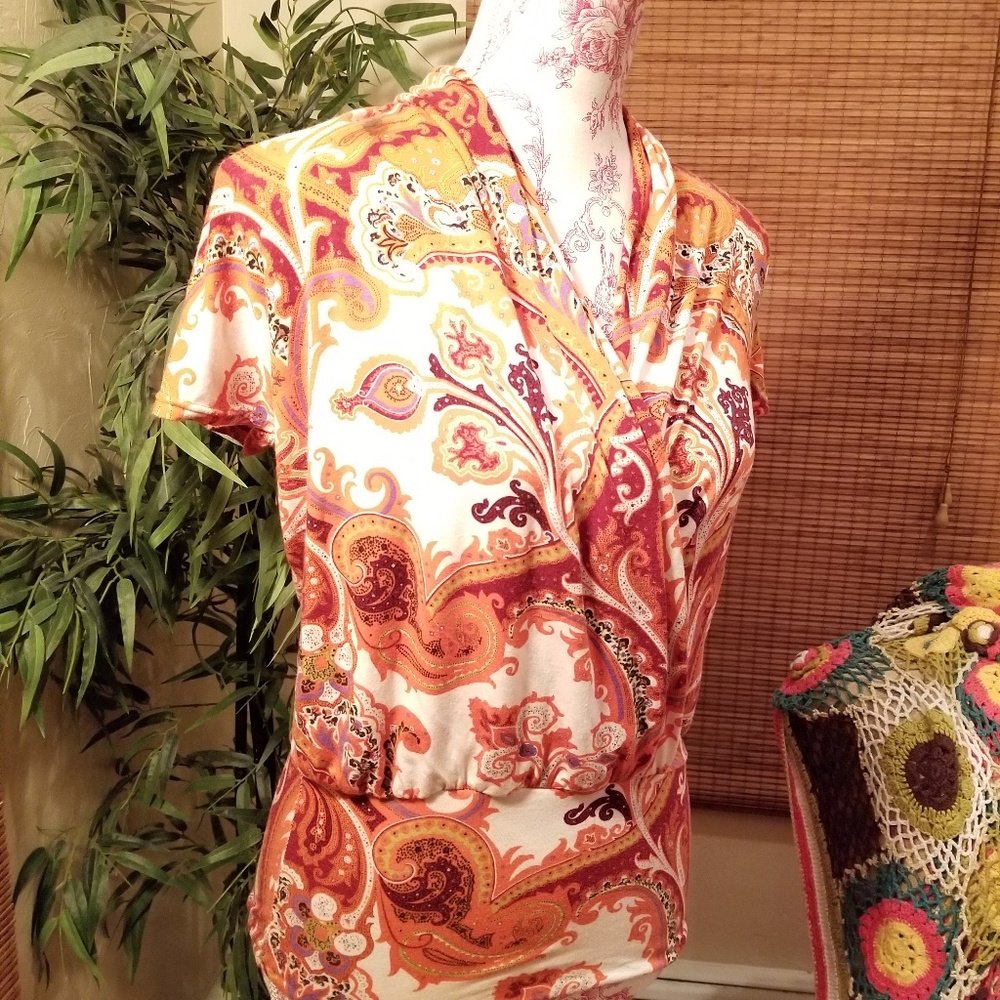 Floral paisley jersey stretchy faux wrap top